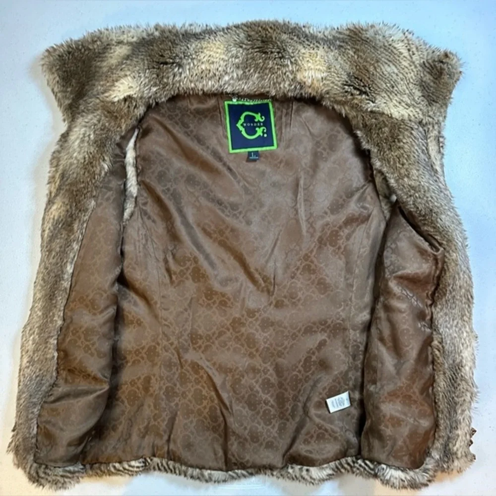 C Wonder Faux Fur Vest Womens Large Brown Tan Full Zip‎ Collar Turtleneck